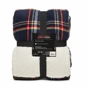Cozy Plush & Sherpa Throw Blanket - Navy Plaid